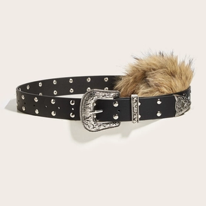 Kunstpelz-Bommel Kunstledergürtel mit Vintage Western Silberschnalle und Nieten