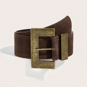 Detail view of broad vintage brown suede belt with antique bronze rectangular metal buckle