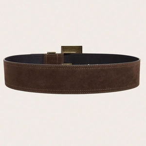 Brown suede wide punk belt with vintage gold metal buckle and neat edge stitching