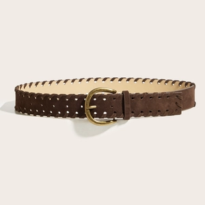 Cintura in camoscio marrone con fibbia a ferro di cavallo vintage e bordi intrecciati