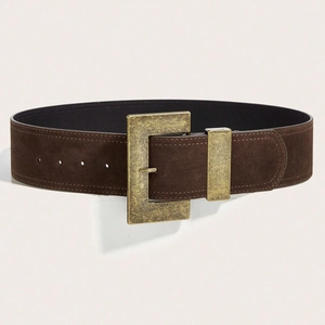 Deep brown suede punk belt with large antique gold rectangular buckle on white background