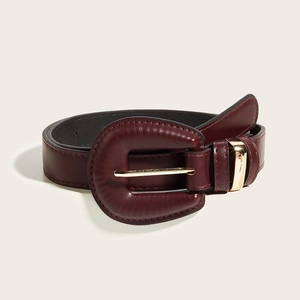 Vintage burgundy leather belt for women with large leather-wrapped buckle and gold hardware