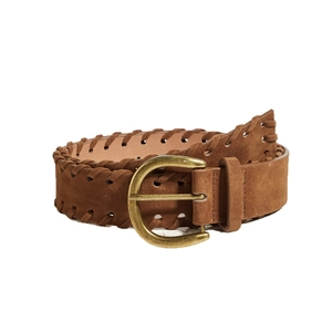 Cintura vintage da donna in pelle scamosciata marrone scuro con bordi intrecciati e fibbia a D