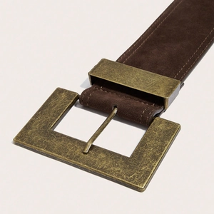 Vintage dark brown suede leather belt with antique bronze square buckle for a punk look