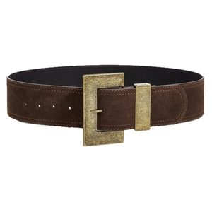 Punk style dark brown suede belt with oversized vintage bronze rectangular metal buckle