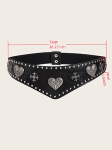 Detail of gothic black leather waist belt with silver heart buckles and cross charms