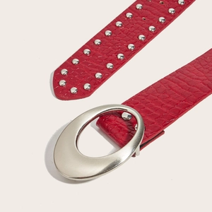 Retro red crocodile texture belt with silver studs and large oval metal buckle