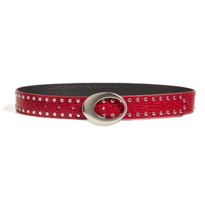 Red crocodile texture leather belt with silver rivets and oval buckle on white background