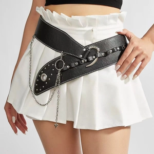 Ceinture Corset Punk Gothique Noire en Cuir Artificiel pour Femmes Avec Chaîne en Alliage Rivet Surpiqûre Blanche Large Rétro
