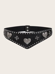 Detail of black lace-up corset belt with silver heart buckles and metal rivets