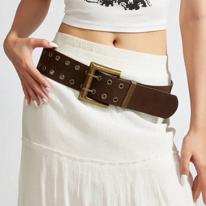 Vintage dark brown double-grommet wide leather belt with antique bronze buckle