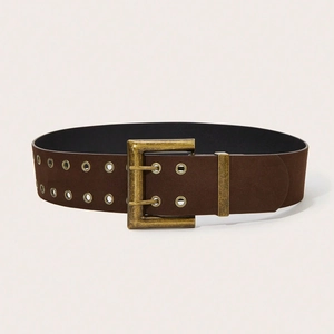 Brown wide punk belt with dual gold eyelets and double prong buckle on grey background