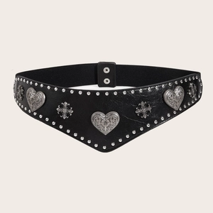 Vintage black lace-up corset belt with heart-shaped metal plates and silver rivets