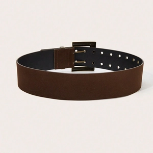 Vintage punk style dark brown suede belt with bronze double pin buckle and double rows of holes