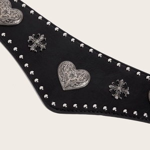 Gothic black leather corset belt with silver heart and cross metal studs