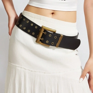 Punk Vintage Double Row Eyelets Wide Belt For Women Men Faux Leather Double Pin Buckle Rivet Decorative Waist Strap