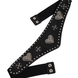 Gothic black leather waist belt with silver heart ornaments and elastic snap button closure