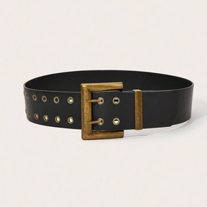 Detail of black punk leather belt featuring vintage gold double prong buckle and eyelets