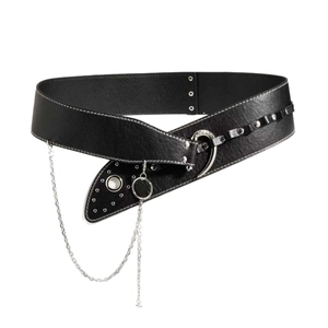 Ceinture noire vintage pour femme avec boucle croissant argentée et chaîne métal