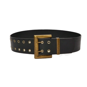 Punk style wide black leather belt featuring double prong buckle and silver metal eyelets