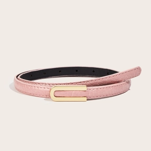 Elegant thin pink leather belt for women with a minimalist gold metal U-shaped buckle