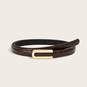 Women's slim dark brown faux crocodile leather belt with a minimalist golden U-shaped buckle