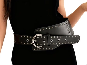 Detail of wide black studded waist belt with silver eyelets and a round buckle