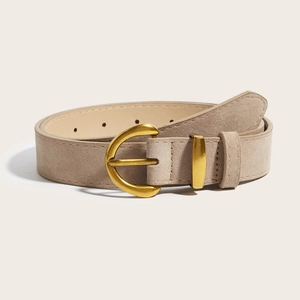 Vintage wide suede belt for women with golden buckle in minimalist khaki leather