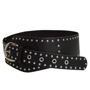 Wide black leather belt with silver rivets and D-ring buckle for women dresses