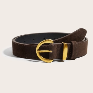 Vintage dark brown suede wide belt for women with elegant matte gold round buckle