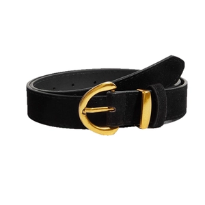 Vintage black suede wide belt for women with elegant golden round buckle on white background