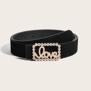 Vintage matte black belt with rhinestone Love buckle for dresses and waist styling