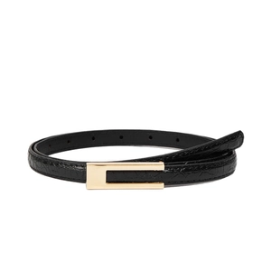 Women's slim black belt with crocodile texture and gold rectangular metal buckle