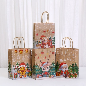 Christmas Kraft Paper Gift Bags With Handles Cartoon Santa Snowman Gingerbread Reindeer Pattern Festive Party Favor Bags