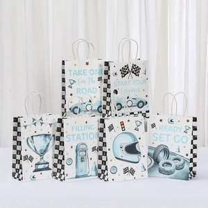 Racing Car Theme Kraft Paper Gift Bags For Birthday Party Handheld Treat Bags With Handles Racing Patterns Wrap Bag