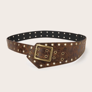 Dunkelbrauner Retro-PU-Ledergürtel mit Doppel-Ösenreihen und Vintage-Schnalle