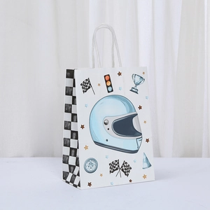 Racing party paper gift bag featuring vintage helmet print and checkered side detail