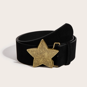 Close-up of black suede wide belt with vintage bronze star-shaped buckle detail