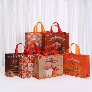 Sac Fourre-Tout en Tissu Non Tissé Laminé pour Thanksgiving Sac Cadeau Imperméable Impression Dinde Citrouille Récolte d'Automne