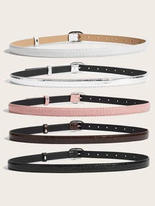 Set of five thin faux leather belts for women with crocodile texture and metal buckles