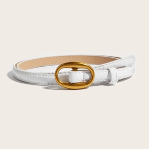Minimalist white skinny belt for women with crocodile pattern and golden oval buckle