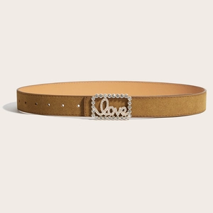 Brown suede belt for women featuring a sparkling crystal rhinestone Love buckle design