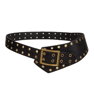 Schwarzer PU-Ledergürtel im Retro-Punk-Stil mit goldener Doppelschnalle und Metallösen
