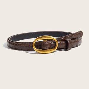 Women's slim brown crocodile pattern leather belt with oval golden metal buckle
