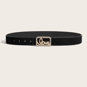 Vintage black matte belt for women featuring a golden rhinestone Love buckle design