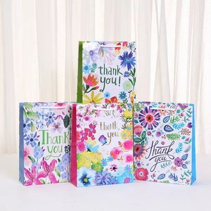 Floral Print Coated Paper Gift Bags With Thank You Text Handheld Party Favor Bags For Wedding Birthday Holiday Mixed Colors