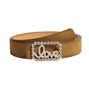 Brown suede belt for women with a gold Love rhinestone buckle and stitched edges