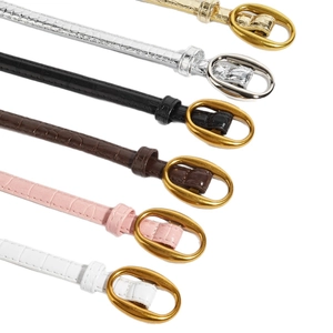 Women's slim faux crocodile leather belts with oval metal buckles in six assorted colors