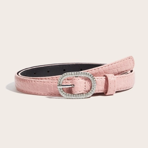 Pink faux crocodile leather belt for women with silver oval rhinestone buckle for jeans