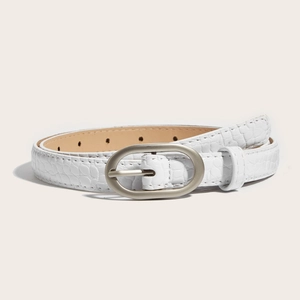 Ceinture blanche pour femme à motif crocodile avec boucle ovale en métal argenté mat
